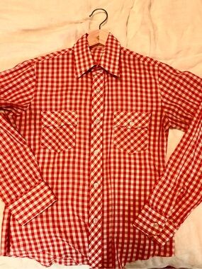Vintage Red Gingham Check Long-Sleeve Button-Up Shirt